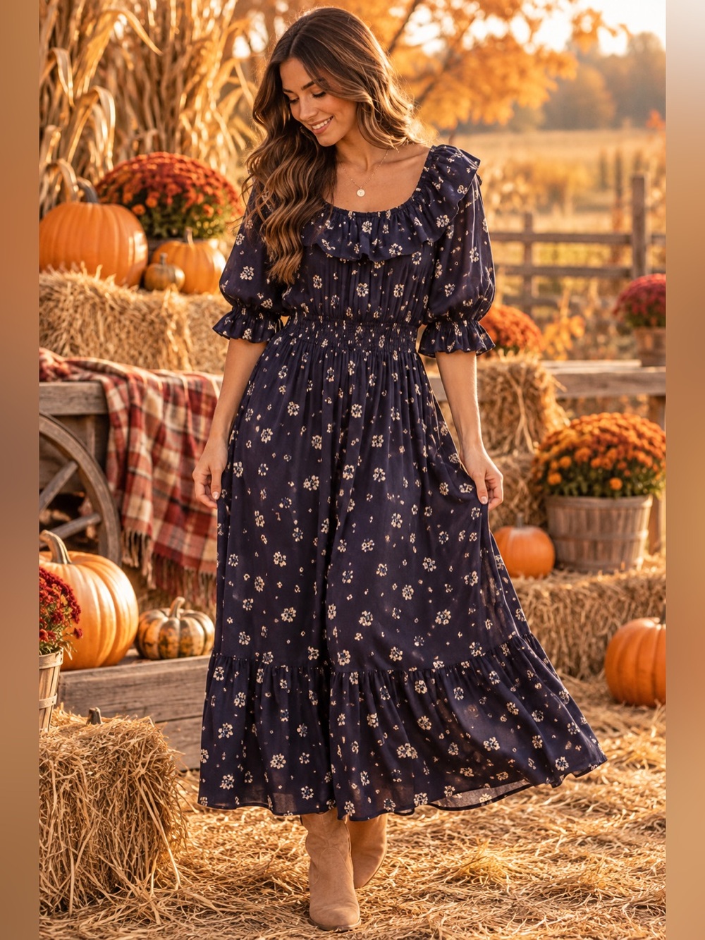 Universal Thread XL Navy Floral Ruffle Maxi Dress Puff Sleeve Boho Prairie